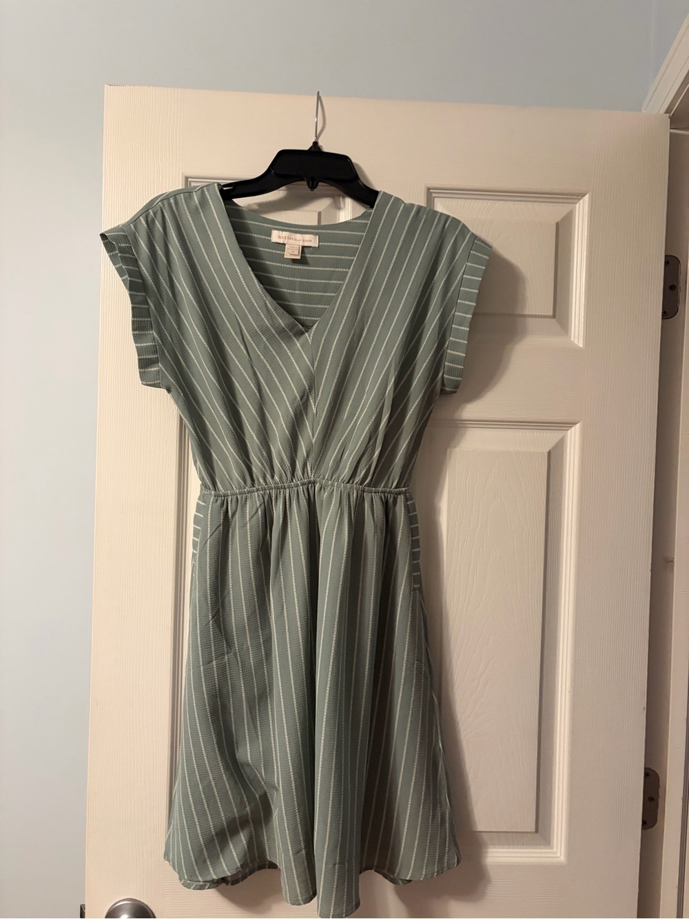 Monteau Sage Green and White Striped V-Neck Mini Dress